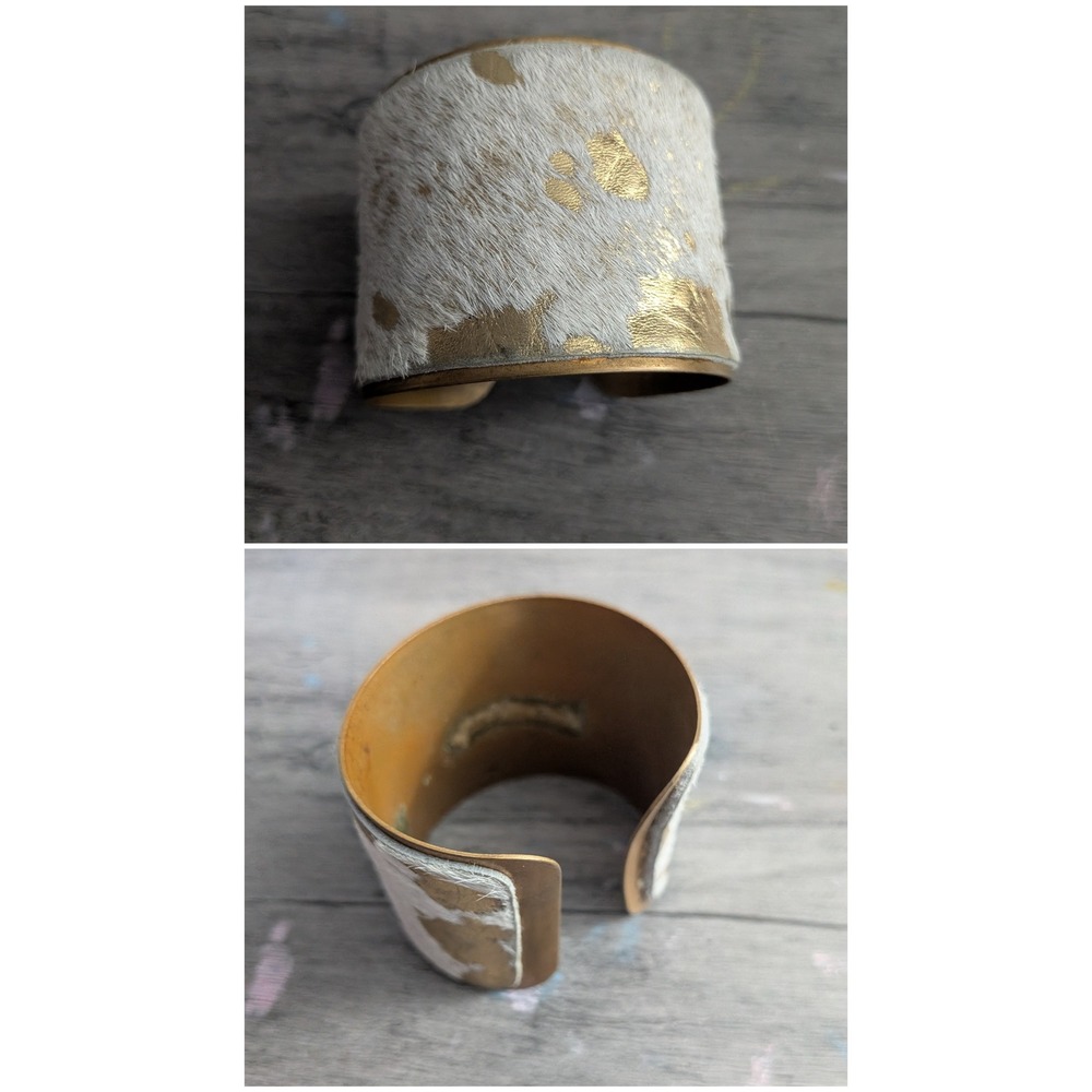 Gold Splatter Cowhide Cuff Bracelet White Hair on Hide Brass Wide Western Boho